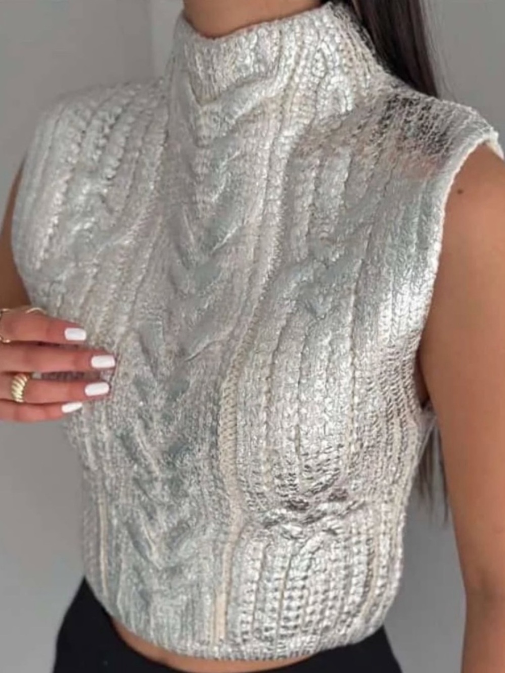 ZARA Silver Metallic Foil Cable Knit Sleeveless Sweater NWT